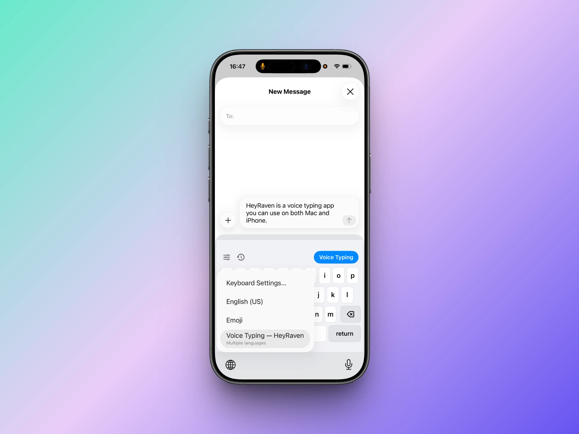 HeyRaven Mobile Keyboard - Voice typing interface on iPhone showing the HeyRaven keyboard with microphone button for instant voice-to-text conversion